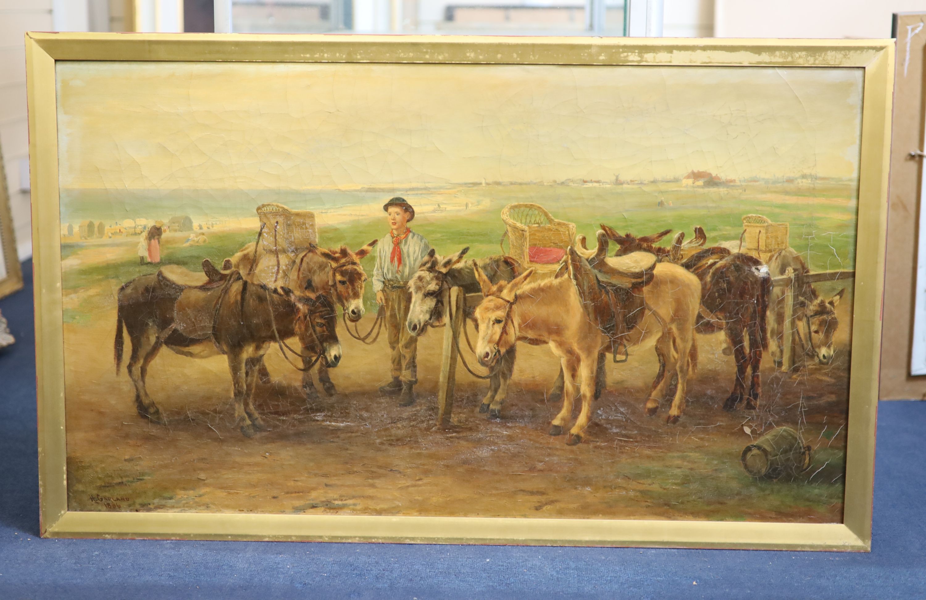 Henry Garland (fl.1854-1900), oil on canvas, Donkeys on a beach, signed and dated 1886, 62 x 106cm.